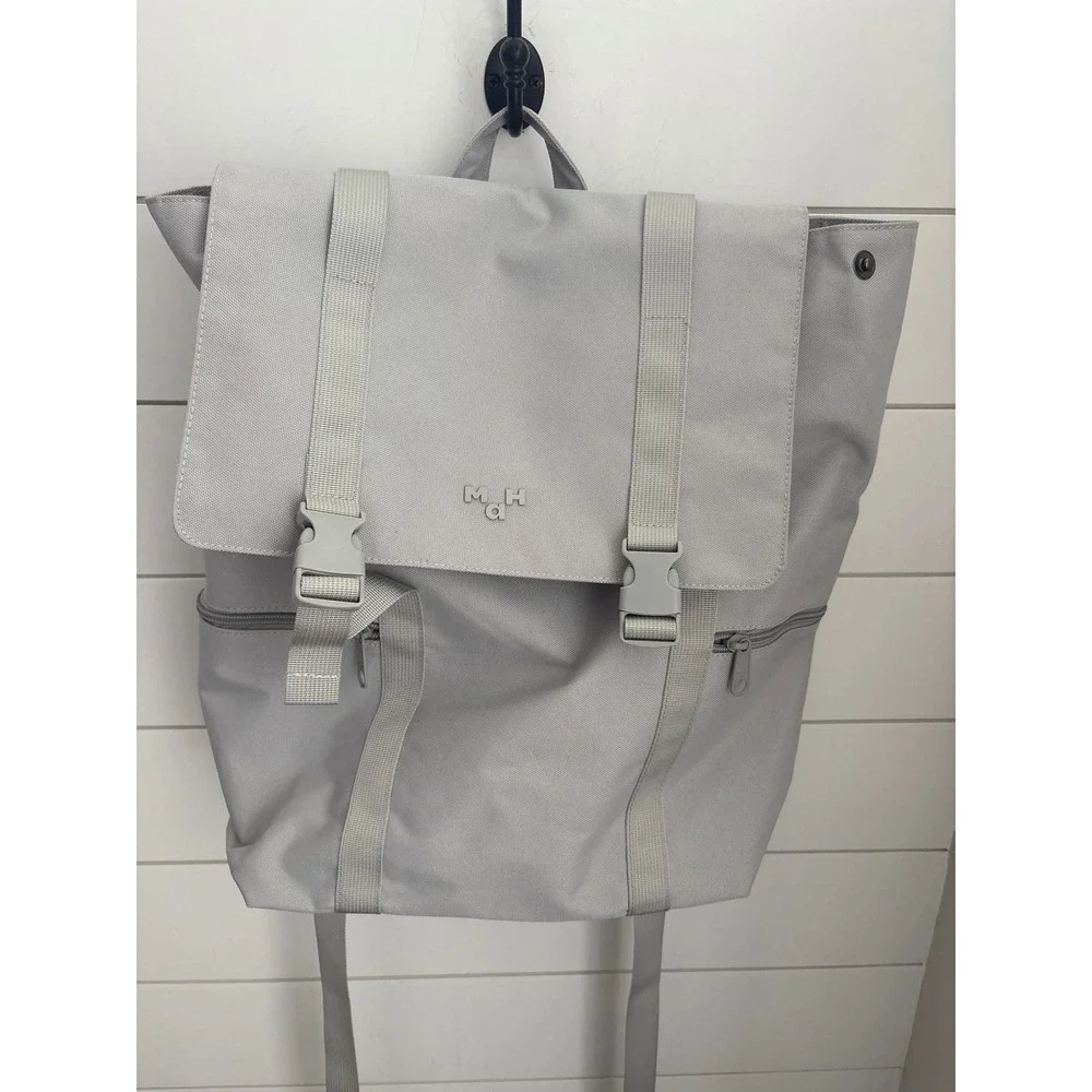 M.H.a Gray Canvas Laptop Backpack Minimalist Commuter Bag with Buckle Flap